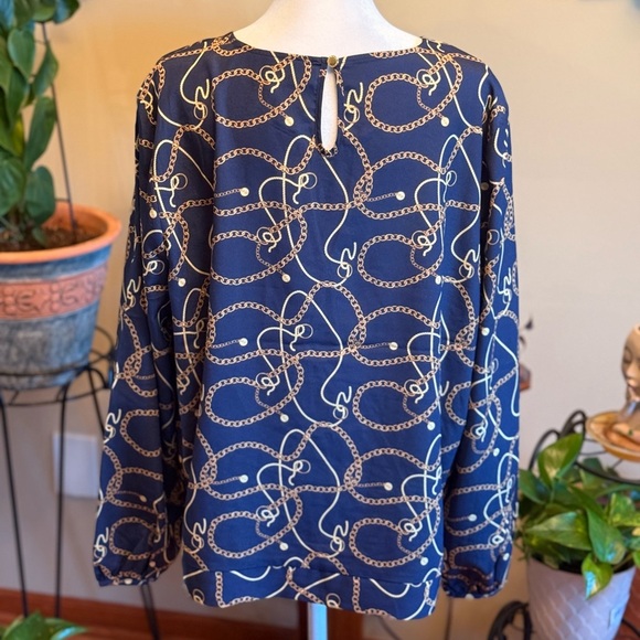 Marc New York Andrew Marc Womens Navy Blouse Large Chain Design Long Sleeves - Picture 2 of 13